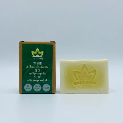 cannavie dechanvre oil soap in its green cardboard box on a white background