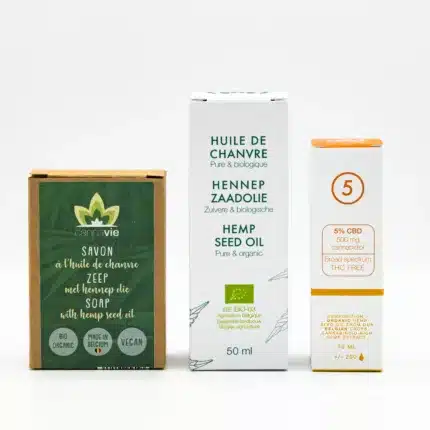 pack decouverte cosmetique cannavie packaging on white background of pure hemp oil, cbd 5% oil and hemp oil soap arranged side by side