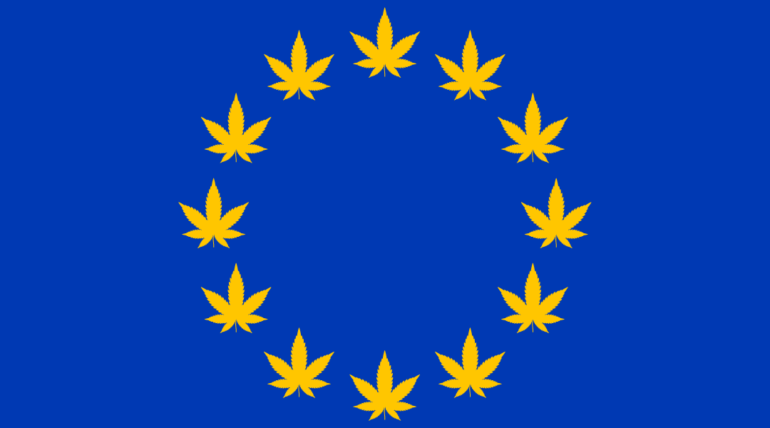 drapeau européen, les étoiles sont remplacées par des feuilles de cannabis